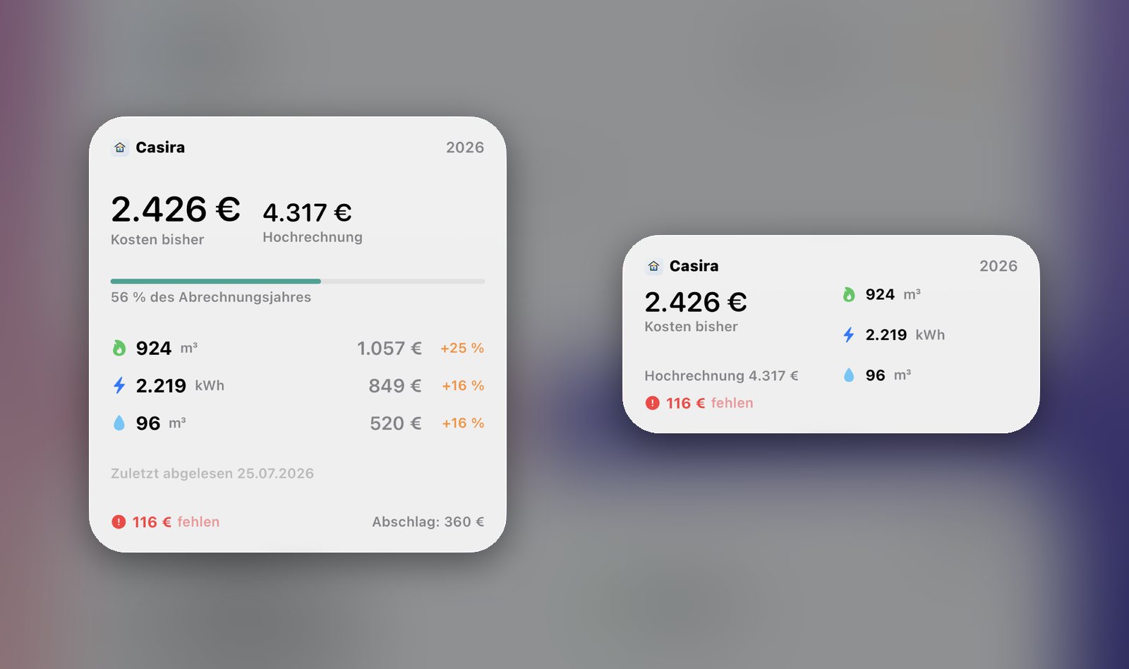 Cockpit-Widget auf dem Homescreen in zwei Größen mit Kosten, Hochrechnung und den Sparten Gas, Strom und Wasser