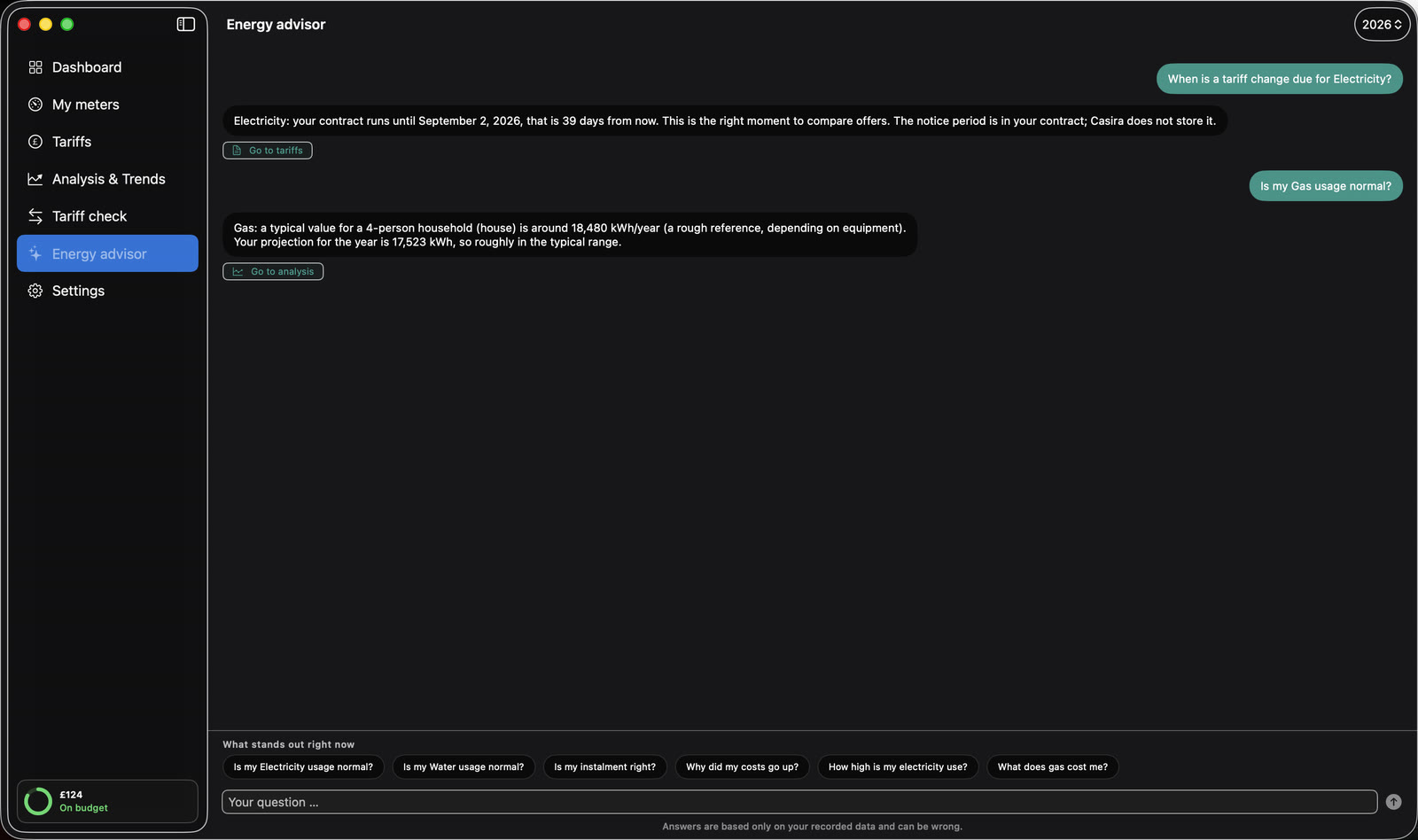 Casira's energy advisor answers questions about your own consumption data
