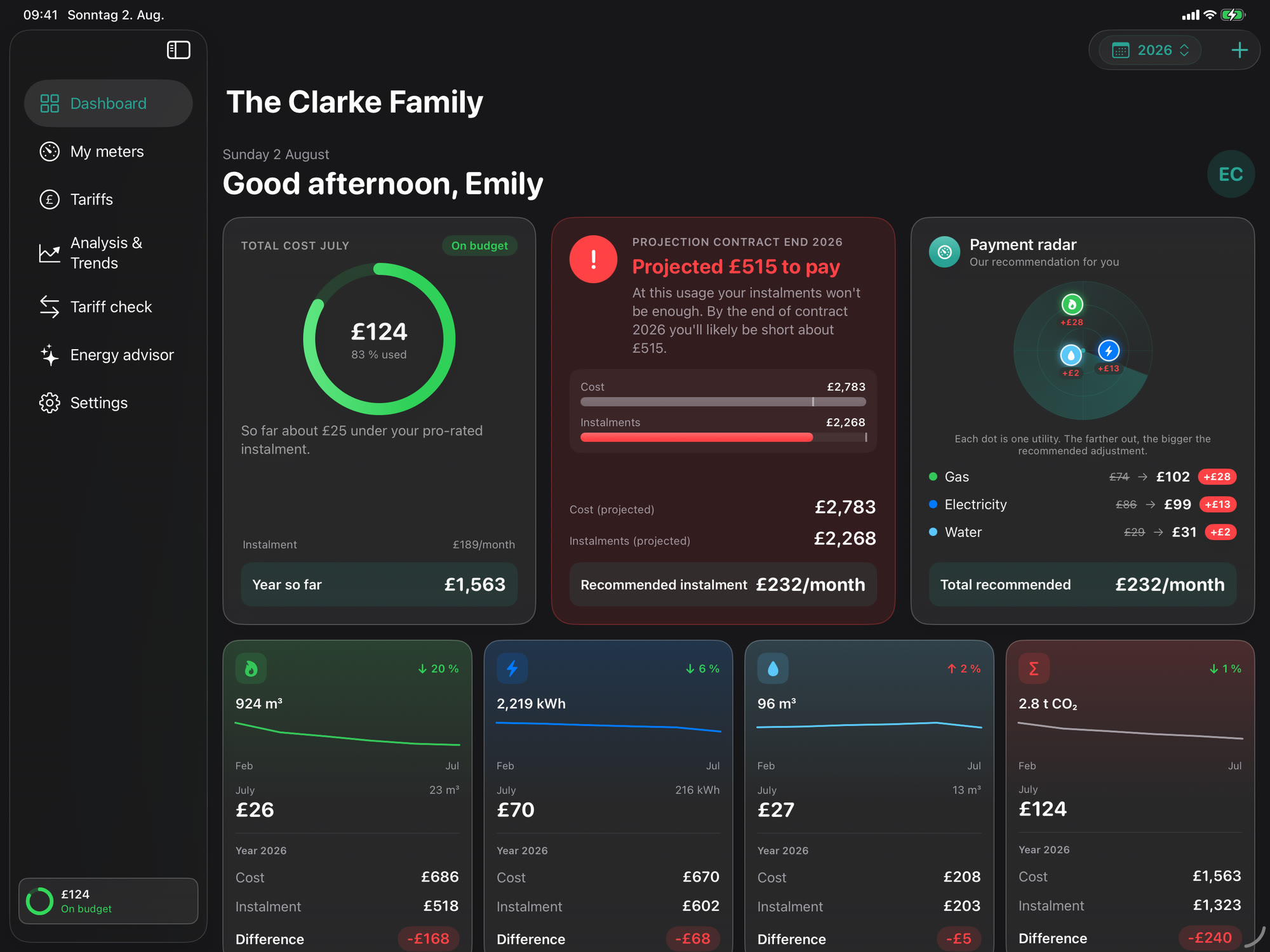 The Casira dashboard on the iPad with the ring, utility tiles and history