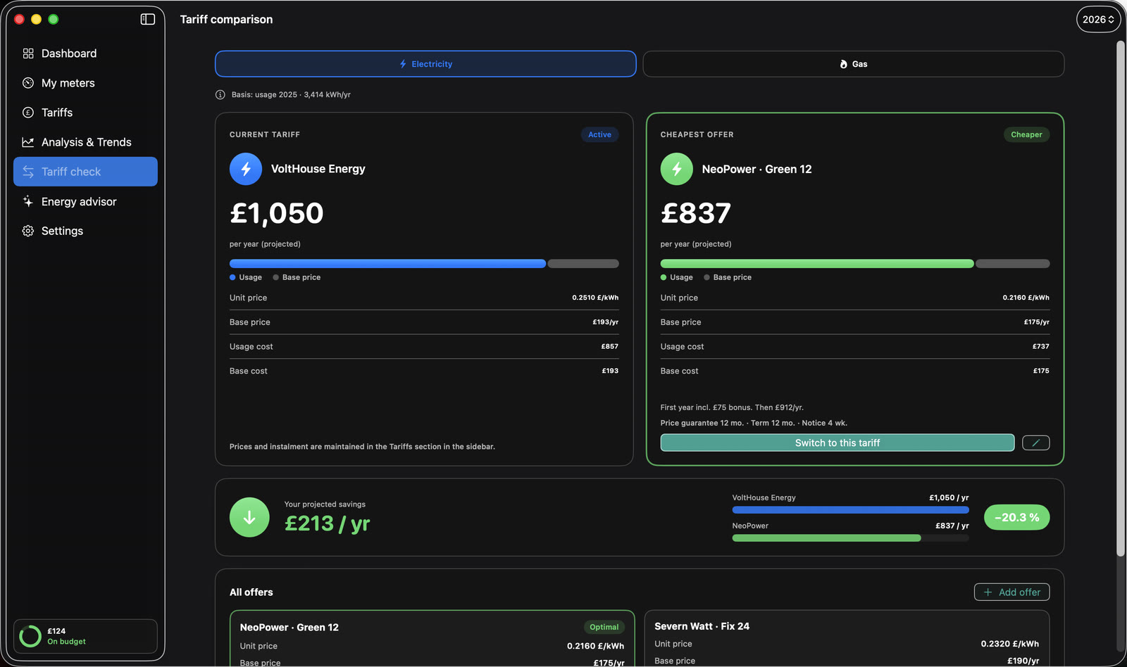 Casira's tariff check compares offers against your real annual consumption